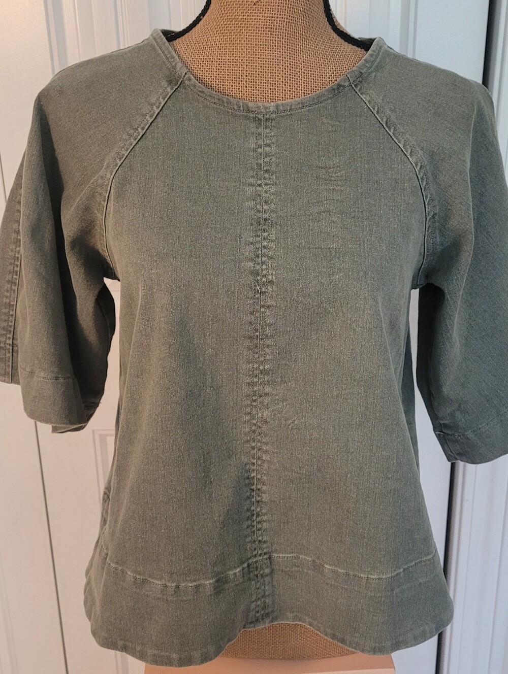 ANNIEWEAR Denim Back-Ties Top in Min Wash OLIVE, NWT, S, Fall-Ready🍂🍁